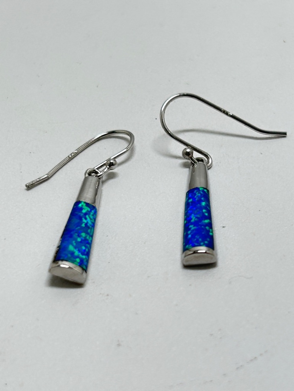Sterling Silver .925 And Lab Blue Fire Opal Dangly Earrings, Wires